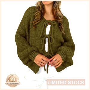 Bow Tie Front Cardigan Sweater Oversized Long Sleeve Open Front Chunky